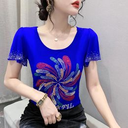 Women's T Shirts Summer Letter Design Slim T-Shirt Clothes Drilling Mesh Luxury Tshirt Ladies Dance Costume Ruffled Tees Top Blusa