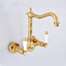 Bathroom Sink Faucets Luxury Gold Colour Brass Swivel Spout Basin Faucet Dual Handle Hole Kitchen Cold Water Mixer Tap Dsf609