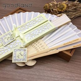 Decorative Figurines Wholesale DHL 100pcs Personalized Spun Silk Wedding Hand Fans Printing With Laser-Cut Gift Box Favors