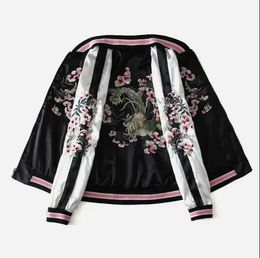 Harajuku Floral Embroidery Baseball Bomber Jacket Unisex Twosided Yokosuka Pilot Cardigan Spring Autumn Loose Zipper Streetwear 240320