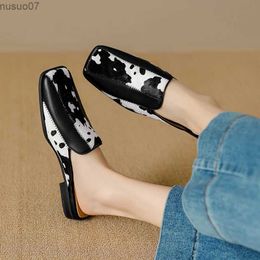 Sandals Photonins New Design Womens Genuine Leather Horse Hair Patch Work Mule Slide Retro Square Toe Low Heel Fashion Shoes FT2488L2403