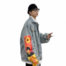 van Gogh Denim Jacket Men's Patch Printed Harajuku embroidery Man Jacket Collar Single Breasted Causal Denim Jacket Men V2Ao#