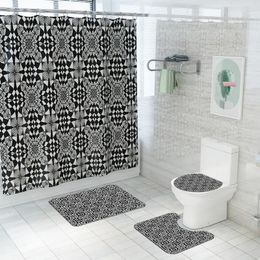 Bath Mats 4pcs White Black Flower Waterproof Bathroom Shower Curtain Geometric Non-Slip Rug Set Toilet Lid Cover Mat