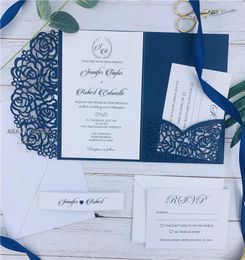 Navy Blue Laser Cut Pocket Wedding Invitation Suites Customizable Invites With Envelope Shipped by UPS2784113