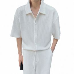 pleated Sets Men Slim Fit Fi Short sleeved Shirt/Pants Two Piece Men Korean Casual Set Mens Solid Colour Dr Sets M-3XL Y72F#