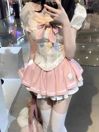 Work Dresses 2024 Preppy Style Pink Skirt Suit Woman Japanese Kawaii Slim Blouse High Waist Sweet Y2k Mini Cute Fashion Set