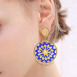 Dangle Earrings Rice Bead Royal Blue Sunflower Originality Hollow Out Hand Knitting Bohemia Alloy Fashion Simple Beaded
