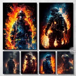 Cool Abstract Firefighter Portrait Silhouette Art Posters Canvas Painting Wall Prints Picture Living Room Home Decor 240327