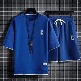 Men's Tracksuits Men 2-piece Sportswear Set Letter Print With O-neck Short Sleeve T-shirt Elastic Drawstring Waist Shorts Two Piece Summer