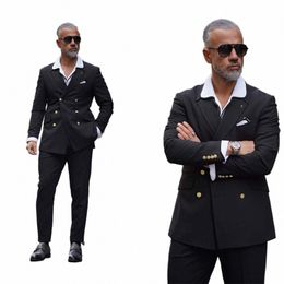 black Men's Suit 3 Pieces Blazer Vest Pants Double Breasted Peaked Lapel Tuxedo Gold ButtsBusin Wedding Groom Costume Homme a8aj#