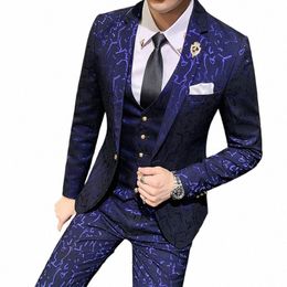 luxury Men Suit Sets Latest Coat Pant Vest Design Dr Suits Floral Slim Men's Groom Tuxedo Suit Royal Blue Burdy Men Suits N3xX#