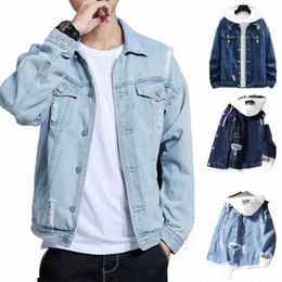 men Patchwork Denim Jacket Stylish Men's Hooded Spring Coat with Ripped Patch Pocket Casual Single-breasted Jacket for Men Z8K1#