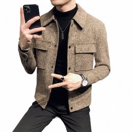 2023autumn/winter Men Polo Neck Woolen Jacket Fi Slim Fit Suit Coat HighQuality Checkered Multi Pocket Korean Casual Jacket G2dk#