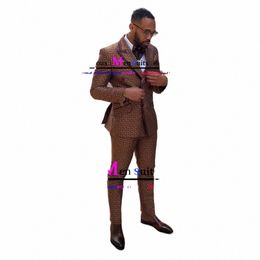 latest Design Brown Plaid Suits for Men Double Breasted Casual Busin Men Suit 2 Piece Slim Fit Stage Singer Party Suit Tuxedo o9ik#