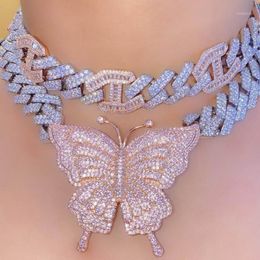 New 15mm Iced Out Bling CZ Cuban Link Chain Rose Gold Pink Butterfly Necklace Silver Colour 2Row CZ Choker women Hip Hop jewelry1249g