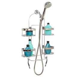 Zenna Home Hanging Head Bathroom Stainless Steel Suitable Handheld Shower Hoses Rust Proof, No Need for Drilling Expandable Storage Rack 4 Baskets Razor