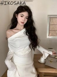 Women's T Shirts Pleated Off Shoulder Skew Collar White Tshirt Korean Chic Casual Split Sleeve Y2k Top Aesthetic E-girls Women Clothing