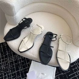 Summer Cat Roman Sandals Women's T-shaped Thin Strap Sexy Genuine Leather Small Square Head Open Toe High Heel Muller Shoes