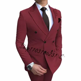 burdy Men's Suit 2 Piece Slim Fit Double Breasted Tuxedos Jacket Casual Suits for Men Wedding Prom Blazer Pants Costume Homme 65f8#