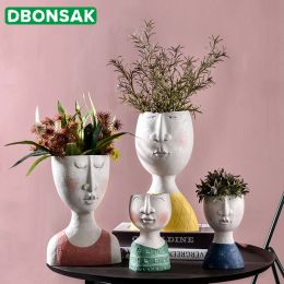 Planters Art Portrait Flower Pot Vase Sculpture Resin Human Face Family Flower Pot Handmade Garden Storage Flower Arrangement Home Decors