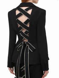 DEAT Diamond Hollow Out Bow Tie Womens Blazer Notched Single-breasted Slim Suit Jacket Fashion Autumn 2024 19D7376 240306