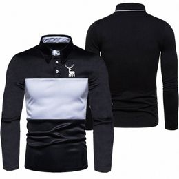 hddhdhh Brand Spring and Autumn 2023 New Fi Elk Print Polo Slim Ctrast Golf Top Lg Sleeve T-Shirt e9sM#