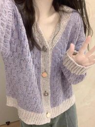 Women's Knits V-neck Purple Knitted Sweaters Coat Women Soft Warm Knit Cardigans Spring Autumn Long Sleeve Korean Style Loose Sweater Tops