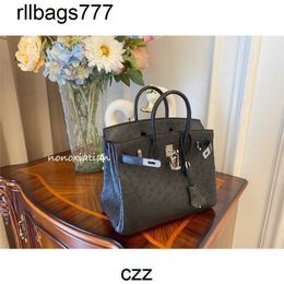 Leather Bk Handbag Ostrich Genuine Hand Sewn Wax Thread Home Bag 25 30 35 Original Skin Black Silver Buckle 177g KKWY