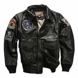 aviator Jackets Black Multi-label Embroidery Men's Lapel American Casual Printing Short Genuine Leather Coats Cowhide Jacket D6qP#