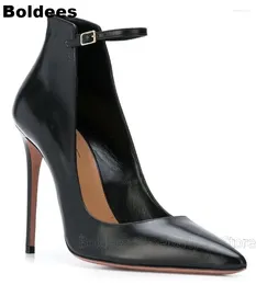 Dress Shoes Luxury Mat Black Leather Pointed Toe Buckle Designer Stilettos High Heels Women Ankle Strap Bridal Party Pumps