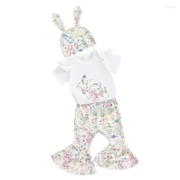 Clothing Sets Baby Girl Easter Outfit Ruffle Short Sleeve Print Romper Floral Bell Bottoms With Hat 3Pcs Summer Clothes