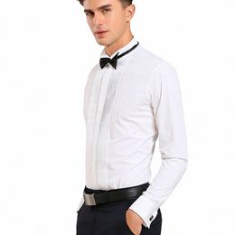 men Lapel Shirt Elegant Formal Wedding Party Shirt with Bow Tie Lg Sleeve Lapel Butt-up Groomsmen Attire Solid Colour 32Ow#