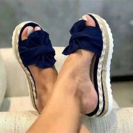 Slippers Slippers Womens Slide Summer 2022 Platform Wedge eels Bow Tie Leather Toe Fashion Beach Outdoor Soes Zapatos De Mujer H2403268BNU