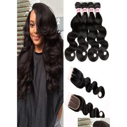 Hair Wefts Hc Unprocessed 4 Bundles Brazilian Body Wave With Lace Closure Brazillian Closures Drop Delivery Products Extensions Dh6O4