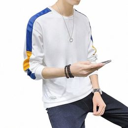 spring Autumn Round Neck Men's Solid Pullover Letter Lg Sleeve Casual Loose Undershirt Office Lady England Style T-shirt Tops z8xQ#