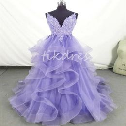 Graceful Violet Purple Prom Dresses 2024 A Line Tulle Tiered Ruffles Evening Gowns Sexy Spaghetti Straps Floor Length Lace Formal Dress Elegant Special Occasion