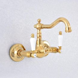 Bathroom Sink Faucets Gold Colour Brass 360 Swivel Spout Basin Faucet Dual Handle Hole Kitchen Cold Water Mixer Tap Dsf615