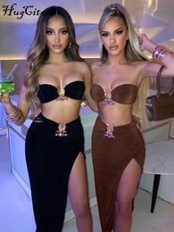 Hugcitar Sexy Strapless Crop Tube Top High Waist Slit Maxi Dress 2 Pcs Suits 2023 Fall Women Fashion Streetwear Vestido Y2K 240321