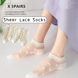 Women Socks 5 Pairs Free Size White Ultrathin Cute Transparent Crystal Silk Lace Elastic Short Sock Summer Girls