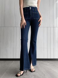 Women's Jeans 2024 HIGH WAISTED VINTAGE DARK BLUE FOR WOMEN CASUAL STRECTH SPLIT DESIGH SLIM FLARE PANTS - FORGUNROSES