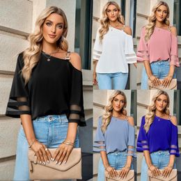 Women's Blouses Girls Spring Summer Blouse Casual Solid Metal Buckle Strap One Shoulder Top Women Tops Hollow Out Diagonal Collar Ladies