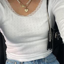 CHRONSTYLE Fairycore Vintage Ribbed Knitted Long Sleeve T-Shirts Y2K Cute Lace White Tops Chic Women Autumn Spring Casual Tees 240312