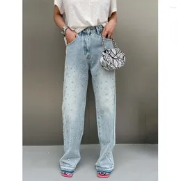 Women's Jeans Diamond Beading Fashion Gradient Pants Blue Korean Retro Versatile 2024 Autumn High Waist Buckle Front Clothes