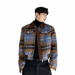 noymei Short Plaid Design Jacket Fiable Korean Style Lapel Ctrast Color Woollen Coat Winter Tide Zipper Handsome WA1933 u0Al#