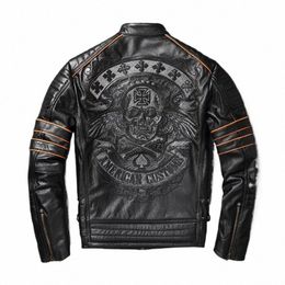 yr!free ship,sales.Black Mens genuine leather jacket.cowhide coat.short slim skull motor biker jackets,plus size.quality 06Fh#