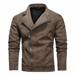 men's Motorcycle Leather Jacket Fleece Fi Stand Collar Slim Fit Zipper Trends Coat Autumn Winter Warm Faux Leather Outwear X0Rp#