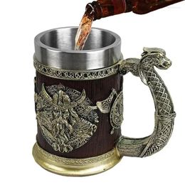 Mugs 600ML Viking Mug Stainless Steel Resin Beer Tankard Coffee Cup Tea Warrior Dragon Boat For Gothic Decor Norse