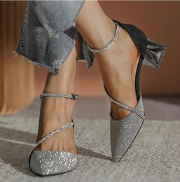 Fashion rhinestone sandal pumps pointed buckle high-heeled shoes sandal ladies party shoes high-quality ladies thick heels sandal