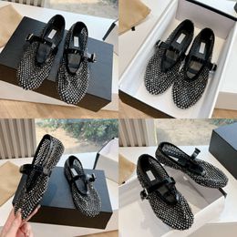 Black Fishnet Ballet Flats With Rhinestone Designer Dress Shoes Women Bulingbuling Classic Casual Shoes With Box 548