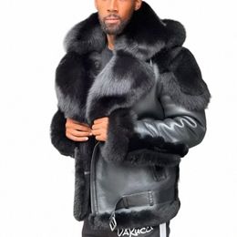 2023 popular preto grande gola de pele com capuz engrossado e plushed casaco de couro masculino high end b5t3 #